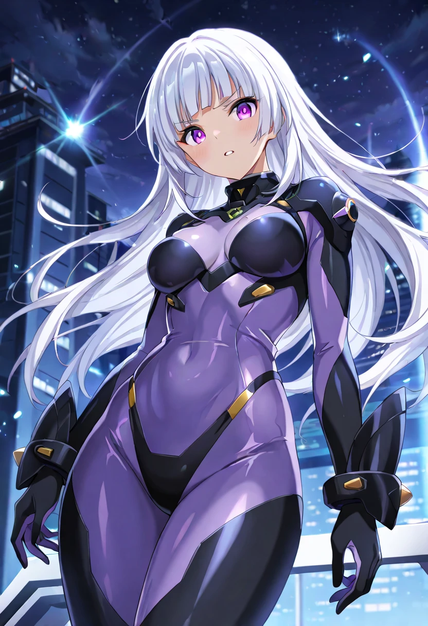 masterpiece, best quality, 1girl, translucent skin, purple bodysuit, mechanical, cowboy shot, space