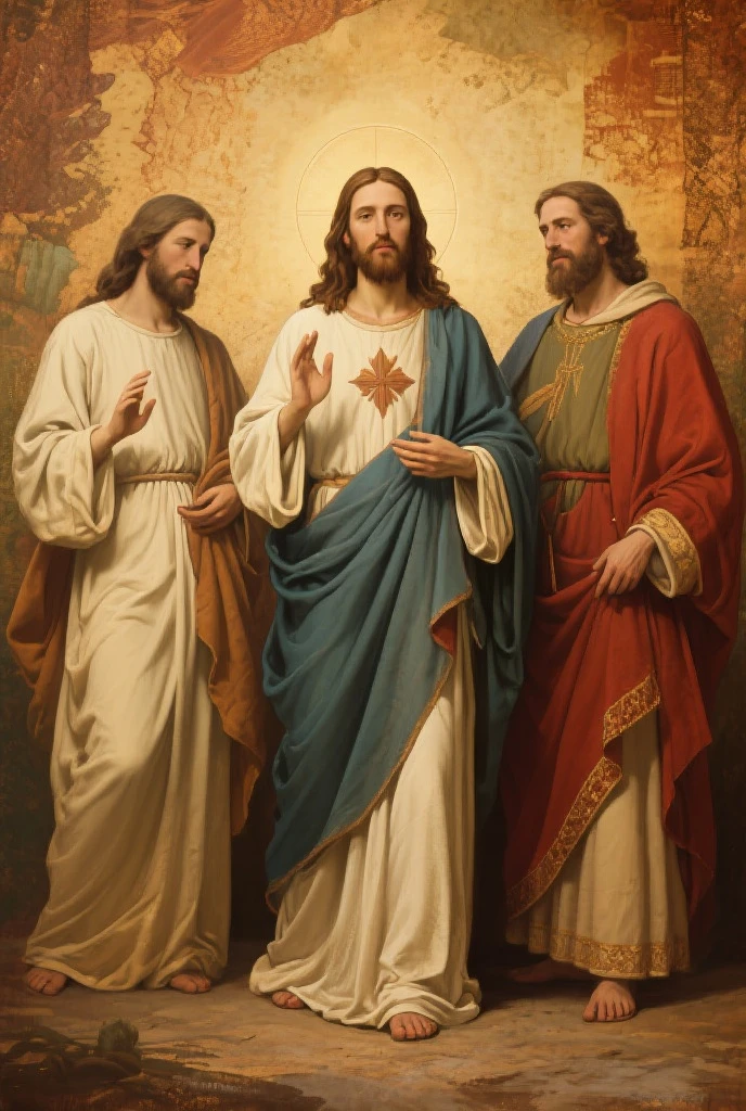 Da Vinci style. A highly detailed portrait of the Holy Trinity, oil painting, masterpiece, photorealistic, 8k, intricate religious symbolism, majestic religious architecture, dramatic chiaroscuro lighting, rich color palette, ornate religious iconography, elaborate religious robes, divine spiritual essence, heavenly atmosphere, stunning attention to detail, classical renaissance style