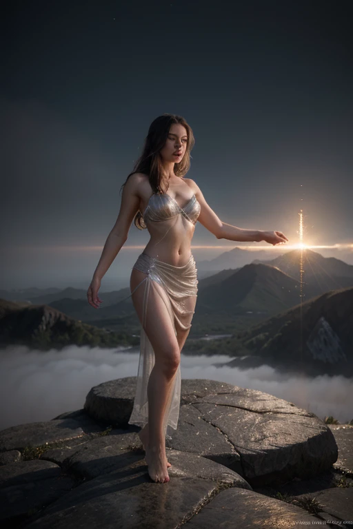 (8k, highest quality, masterpiece, final fantasy style: 1.2), (unRealistic, photoRealistic: 1.37), Dreamy landscape, Fantasy, Unsurreal landscapes, Super detailed, Flying Castle, Floating Island in the Sky, Seven-colored swirl of light, Intense lightning, milky way, Complex Light, Colored light, Large Lake, Starry sky reflected on the lake surface, Countless shining stars, Meteors, Reflections , (A pillar of light emanated from the ground:1,2), roses and orchids gardens , sunset, pink clouds, waterfalls in the sky, realistic style, Hyperrealism drawing, a flying pirate spaceship floating at the clouds level, burning skyscrapers, cyborgs, timeless realms, stunning princess , floating hair, pink lipstick, cute, naked shoulders , casting spell, healing light magic effect, in a magical lagoon of the fairyland, crystal clear water surface reflections, sharp focus, looking at viewer, (close-up:0.9), (bright white theme:1.2), (bright white tone:1.2), (deep blue tone:1.3), realistic, Hyperrealism,