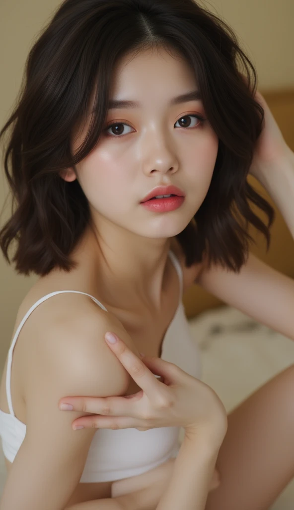 {top-quality}, {{masterpiece}}, {extremely delicate and beautiful},Outstanding light and shadow, highly detailed,Clear and bright sunlight,1girl in,naked portrait 、gaze looking beyond,red blush,Strong sunshine,delicate and messy hair,realistic skin textures, Pronounced pores and skin wrinkles,tropical beach,((strong light shines on the face)), half body shot, naked portrait, nude photography, detailed armpit, pussy pubic hair, shiny nipple