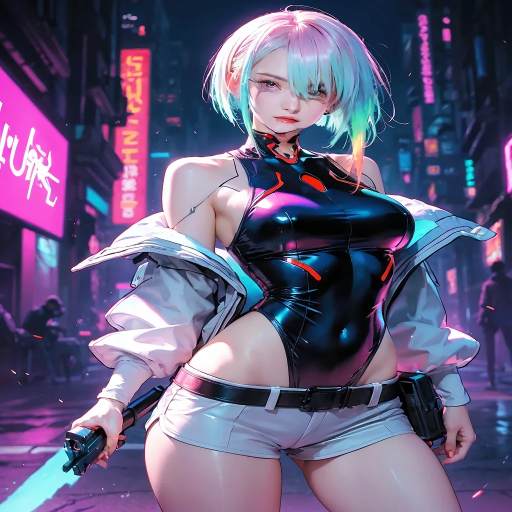 (Masterpiece:1.2), best quality, (illustration:1.2), determination, broll,(Masterfully crafted brilliance, lens flare), (ultra-detailed), hyper detail, (delicate detailed), (intricate detail), ( cinematic light, best quality Backlights), clear line, solo female, solo female, perfect body, huge breasts, big eyes, soducer, (1girl), bioluminescent hair, glowing eyes, lucy \(cyberpunk\),(supermodel:1.1) , eyes slightly closed, new york, (Dynamic: 1.2), ((makeup)), high contrast, (better lighting, an extremely delicate and beautiful), ((cinematic light)), colorful, powerful, (cinematic masterpiece ), photoshoot, cyberpunk 2077, graffiti, color splatter, absolutely eye-catching, ((colorful paint splatter on background, dulux,)), ((caustic)), dynamic angle, beautiful detailed neon lights, (captivating) ,(intricately detailed cyberpunk cinematic city:1.2), short shorts, shorts, open jacket, belt, bodysuit, ambient occlusion, ambient light, ray traced reflections, intricately detailed cyberpunk city, subsurface scattering, post-processing, street signs neon, futuristic city, urban, super reflection, raw photo, sci-fi, bokeh background, moon, (dope:2), cameltoe: 1.3