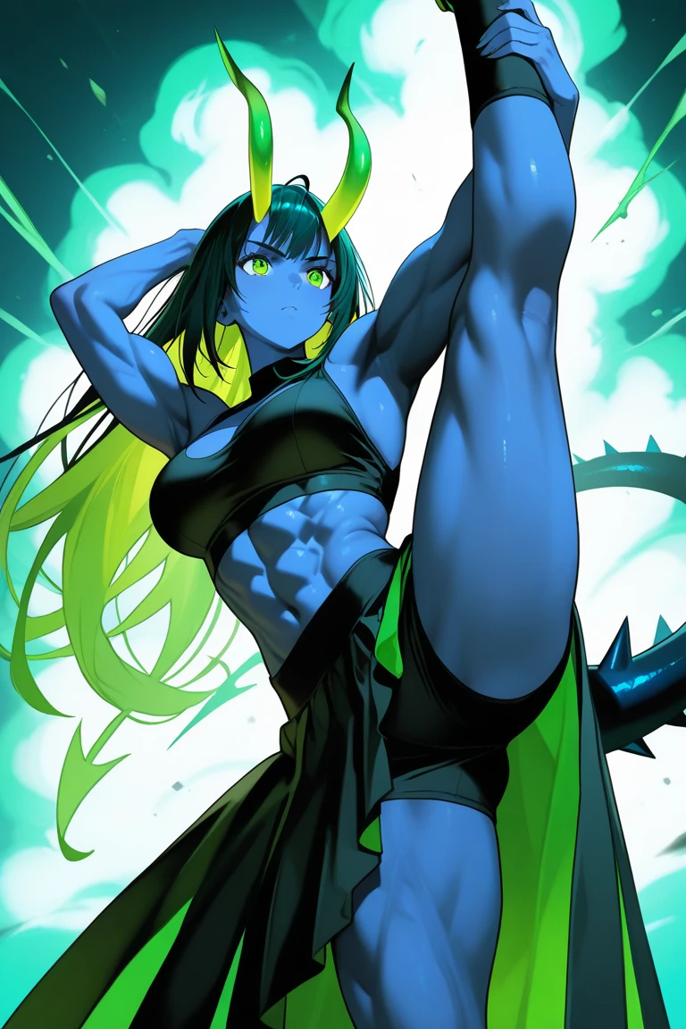 one person、male、Green Skin、Exact finger count、Exact number of legs、Exact number of arms、(((Revealing white lace underwear)))、garter belt、Knee-high socks、White bra with blue ribbon、Bedroom with morning sunshine、Bust Up Illustration