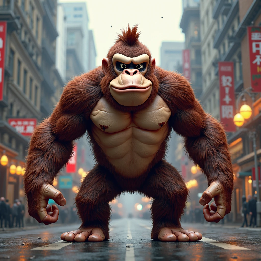 Wrestler, Donkey Kong, full body, brown, wearing brief,  cinematic still, cinemascope, (best quality, masterpiece), very aesthetic, perfect composition, intricate details, ultra-detailed, vivid colors