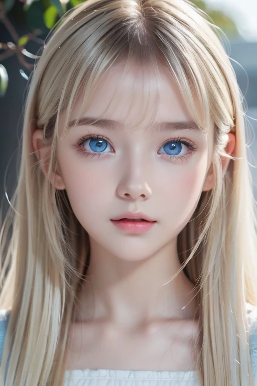 Portrait、、bright look、ponytail、bangs between eyes、bangs on the face、Young, shiny, white, glossy skin、gross face、cheek gloss highlight、best beauty、blonde reflection、Platinum blonde hair with dazzling highlights、shiny bright hair,、super long silky straight hair、Shining beautiful bangs、Attractive, beautifully shining, very bright, light blue eyes、very big eyes、Very beautiful nice cute 15 year old beautiful girl、rich bust、small face beauty、