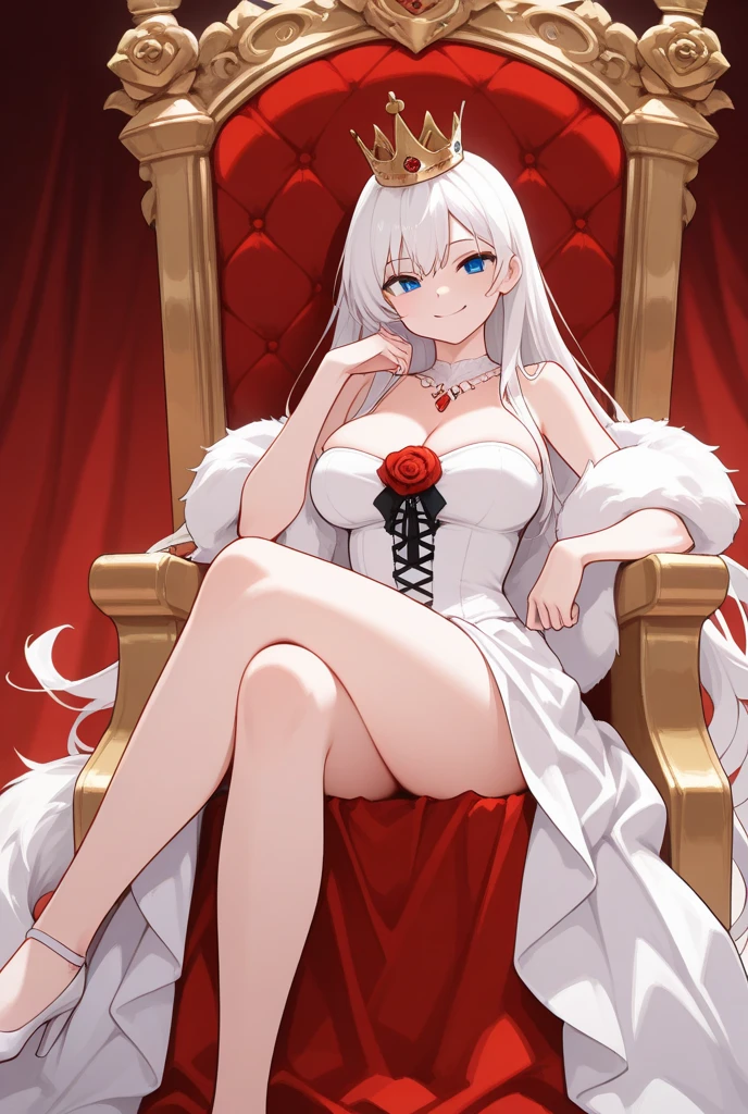 female empress, white chinese dresses, wuxia outfit, throne, (hand glove, necklace, robe, panty hose), mature aura, beautiful pupil detailed, best anime 16k wallpaper quality, masterpieces, original character, ultra sharp, HD, cinematic lighting, shiny effect, perfect body shape, bare shoulder
