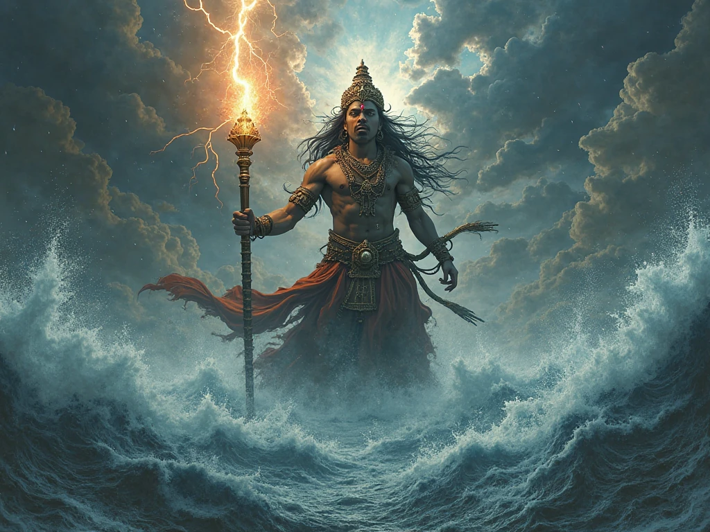 Manjushri walking on water in a storm, masterpiece, best quality, high quality, extremely detailed CG unit 8k wallpaper, award winning photography, bokeh, depth of field, HDR, flood, chromatic aberration, realistic, very detailed, popular on artstation, popular on CGsociety, complex, high detail, dramatic, art on the go, volumetric lighting