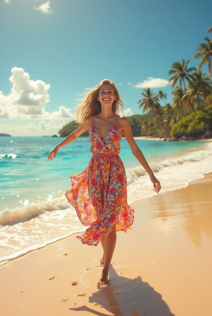 create a happy woman who is wearing summer clothes and is at the beach