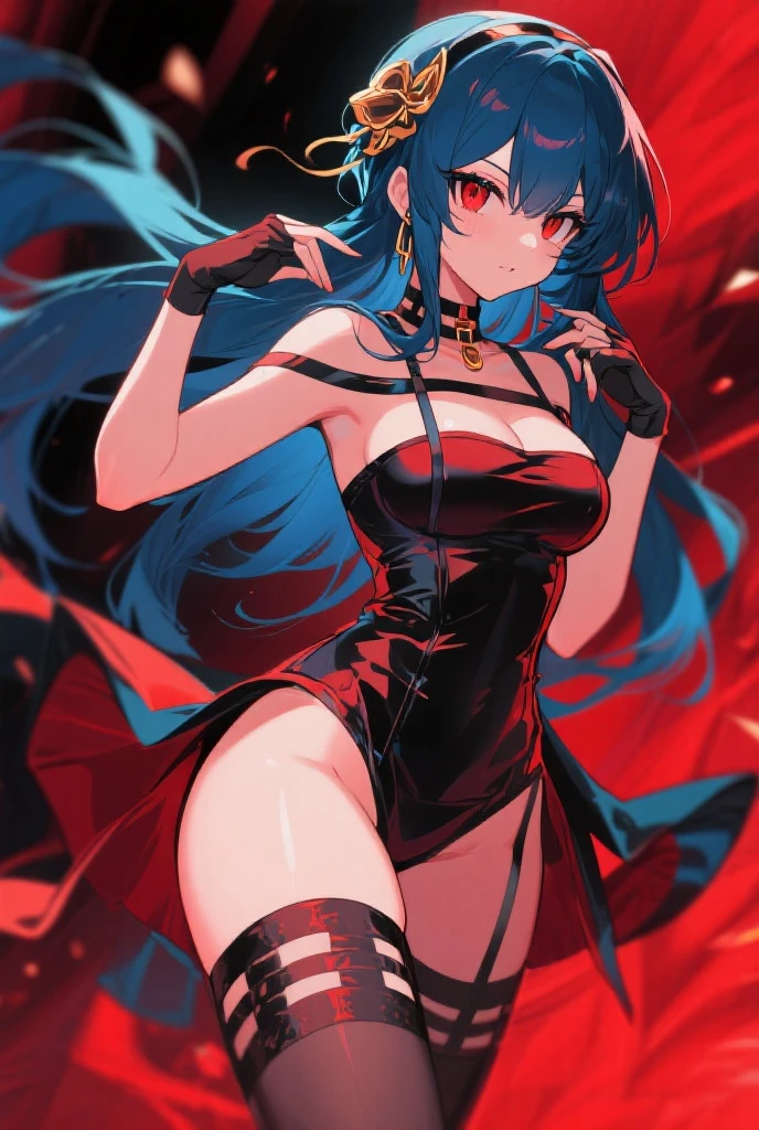 1girl, short_rebellious_hairblue_hair, hair tips to the side, scary_eyes, short_hair, Mouth_open_teeth_sharp_fangs, Evil smile_sharp_wild teeth, black_iris, scarlet_red_pupil, black, sclera, soulless_black_eyes, looking_at_vi ewer, holding, shirt, pant, animal_ears, blue_ ears, wolf_woman, blue_tail, body_perfect, Milf_body, female_body_muscular, big_breasts, scar_on_thighs, scar_on_the abdomen,assassin's creed:Pirate_outfit_black