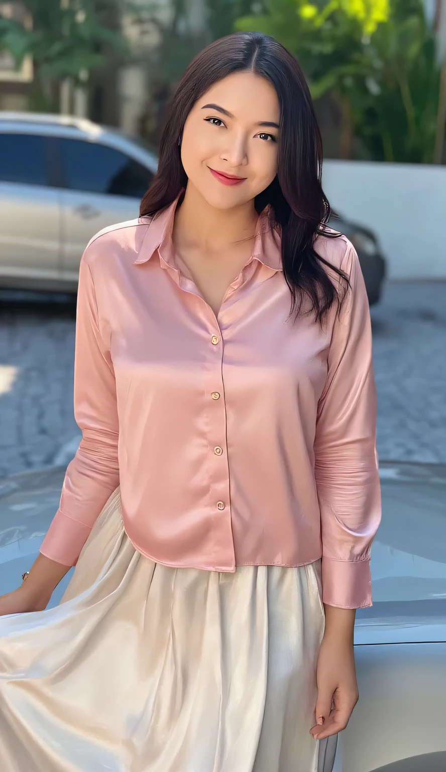 an office lady, sitting on top of car, use an unbuttoned pink satin formal shirt, using maxi model skirt in white satin material long from waist to toe, round and large breasts , very slim waist , smile very beautiful