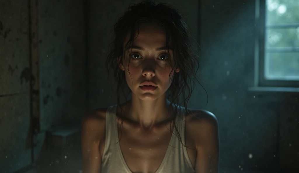 full body shot of ultra realistic dark and moody photograph of a 30 years old polish woman in a wet white nightgown, brown hair ponytail, soaked skin, soaked dress, see through, clinging to body, hair wet, dark, moody, light from above, spooky creepy, just came in from rain. low light, horror film vibe, discordant visuals, Ultra realistic, symmetrical face , (35mm style:1. 1), foggy, ((best quality)), ((masterpiece)), ((realistic)), radiant light rays, highres, detailed facial features, analog style, digital painting, 3d render, matte, highly detailed, concept art, Exaggeration, light Aesthetic, magazine, Backlight, light rays magical lighting beams, dust in beam, dark color, misty, moody, heavenly, shadowy, Realism, octane render, unreal engine 5, Shaders, Denoise, De-Noise, Ambient Occlusion, Tone Mapping, Moonlight, highres, detailed facial features, high detail, sharp focus, octane render, realistic, post-processing, max detail, realistic shadows, roughness, natural skin texture, real life, ultra realistic, photorealism, volumetric fog