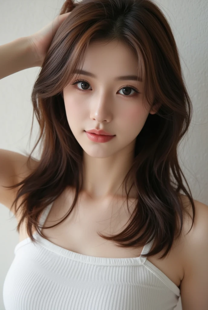 (masuter piece:1.3)、(8K、Photorealsitic、Raw photography、top-quality: 1.4)、(1girl in)、美丽的面容、(Lifelike face)、(Brown hair:1.5)、(Medium Hair)、Beautiful hairstyle、(One eye is hidden by bangs:1.5)、Realistic eyes beautiful details、(real looking skin)、Beautiful skins、(Sweaters)、absurderes、enticing、超A high resolution、A hyper-realistic、high-detail、the golden ratio