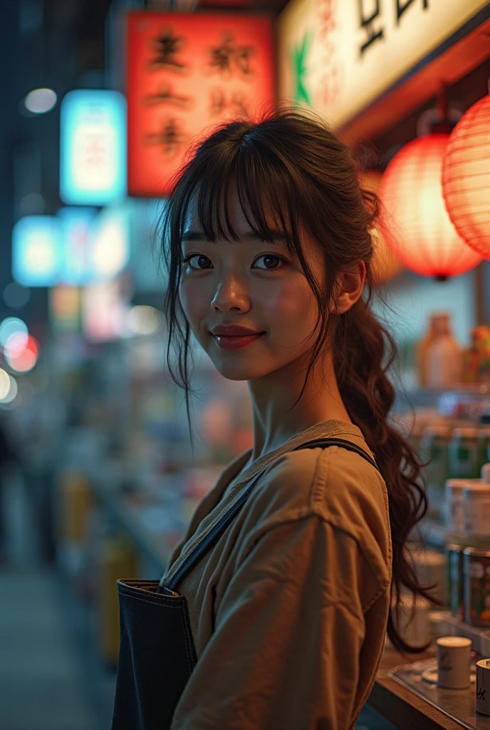 ((masterpiece)), ((best quality)), (ultra-detailed), ((kawaii)), cute, (lovely), ((extremely detailed)), 4K, (8K), best quality, (beautiful), photorealistic, upper body, carefree, a cute girl, 1girl, solo, carry a small backpack, exploring a vibrant summer market, stalls selling fresh fruit and handmade crafts, cinematic lighting, sharp shadows, 