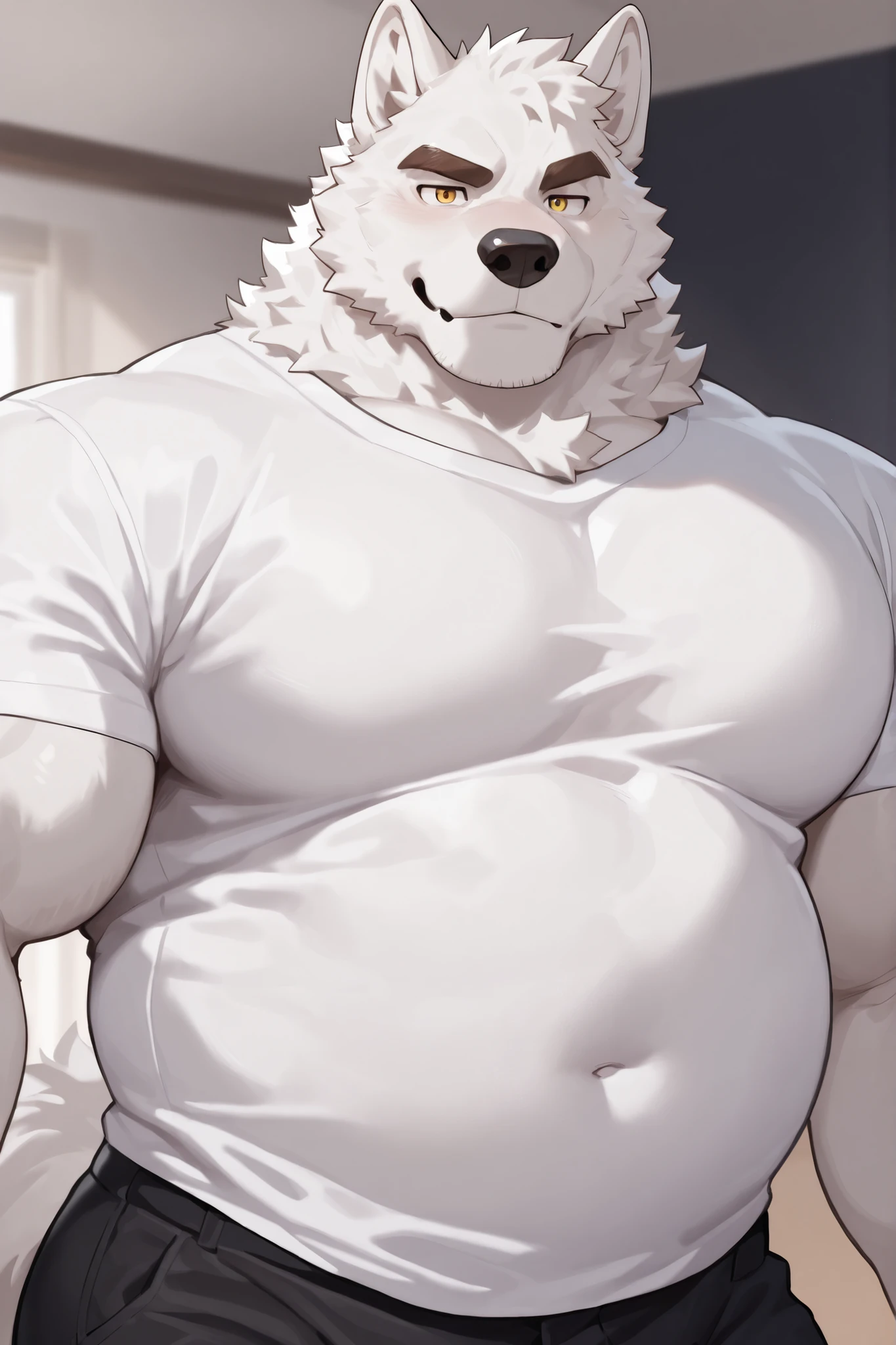 solo, male, werewolf, wolf, canine, chubby, musclegut, beer belly, pot belly, plump, mature male, facial hair, young, nervous, insecure, chest fur, stomach fur, hands on belly, looking down at belly, grey fur, blue eyes, body hair, half-body, looking at mirror, white background, by mystikfox61, by darkgem, by glitter trap boy, by bebebebebe
