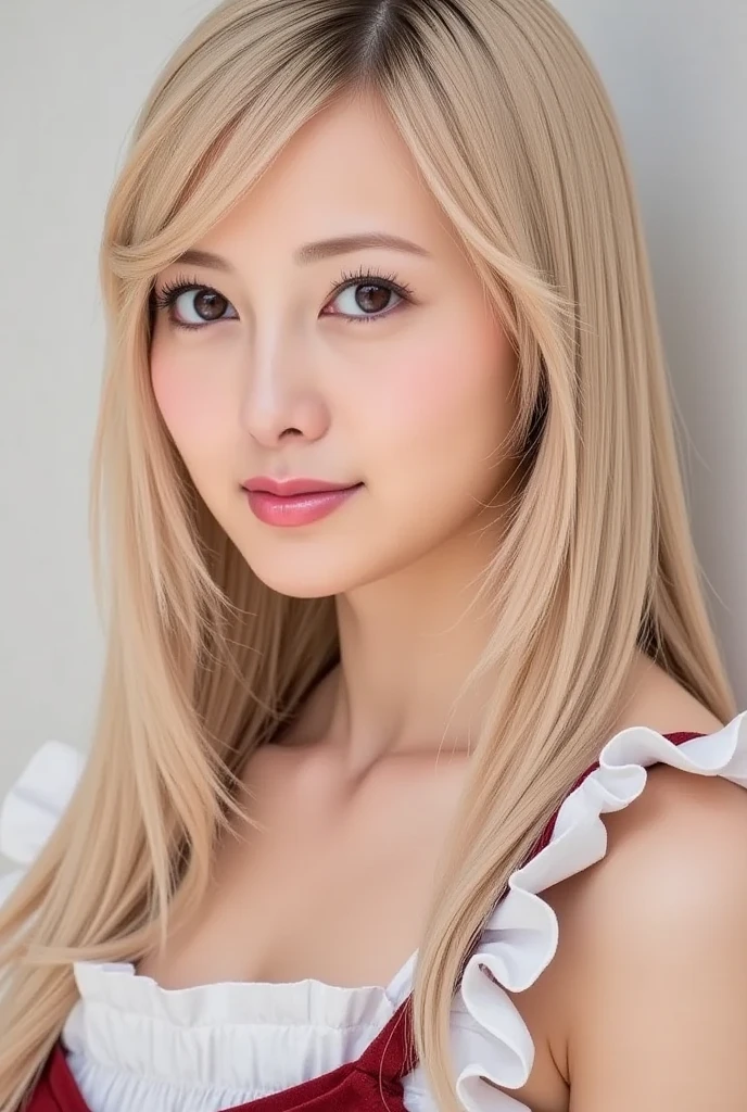 ((highest quality)), ((masterpiece)), (be familiar with), perfect face (1 girl) (Japanese) (She is the cutest 12-year-old junior high school girl in Japan.)((highest quality)), ((masterpiece)), (become familiar with), perfect face arafed woman with long blonde hair long golden shiny hair,Golden silky hair, Straight blonde hair, long blonde straight hair, Perfect silky straight hair, Straight blonde hair, long blonde hair, her hair is long and straight, detailed long blonde hair (Big breasts as big as dodgeballs 1.4) (big breasts 1.4) (Super long hair down to the ankles) neat bangs The neatly trimmed bangs are princess cut and cover the entire forehead.. bright red lips fine hands fine fingers five fingers Sexy professional make up beautiful japanese girl face, Japanese facial features, with long hair shiny long hair, long golden shiny hair, long and straight golden hair, her hair is long and straight, super long hair girl, silky hair, long blonde hair, silky hair, Long flat hair, Silky texture, with long hair, Long flowing blonde hair, thin and shiny hair Detailed white beautiful human body anatomically correct skin detailed eyes detailed mouth the corners of the mouth rise slightly (lips are thin) blushing face front view laugh with your mouth wide open (A maid outfit with lots of frills) (The location is a maid cafe) (looking at the viewer) (Eyebrows are dark brown in color) Please cover your entire body from head to ankles.