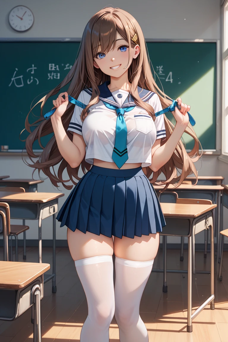 perfect face, detailed face, beautiful hair, 1 girl, 16yo, medium sized breasts, firm chest, very cute face, young face, female idol, nude, school uniform, seifuku, Perfect Hip, round hips, (Exposing your:1.2), smile shyly, (blush:1.2), stare at the viewer with a seductive gaze, (in crowded classroom:1.1), in the morning,