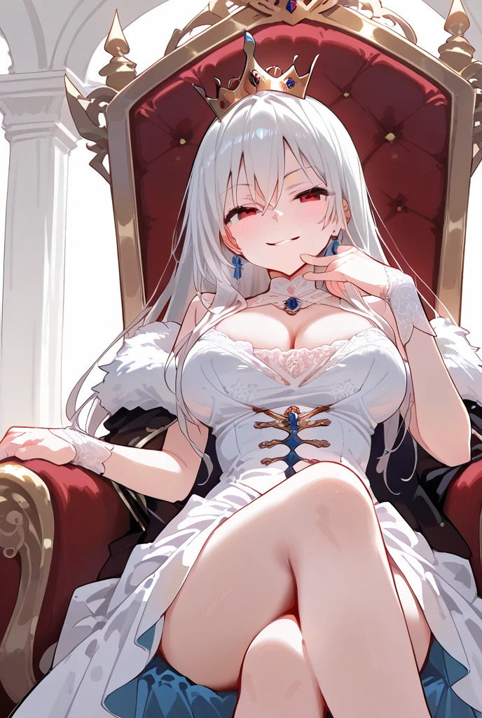 Japanese women、gravure、whole body。hair is slightly longer than shoulders、Fair skin、Eyes are large、Long eyelashes。Double eyes。Silver Hair。Eye color is vermilion。Narrow shoulders and 155cm tall。F cup breasts。Tube top、Pleated mini skirt、Light blue underwear、パンストを履いているがLight blue underwearが薄らと見える。
Sitting in a chair、Her legs are open so her underwear is visible。
Low angle high resolution、high resolution。RAW images