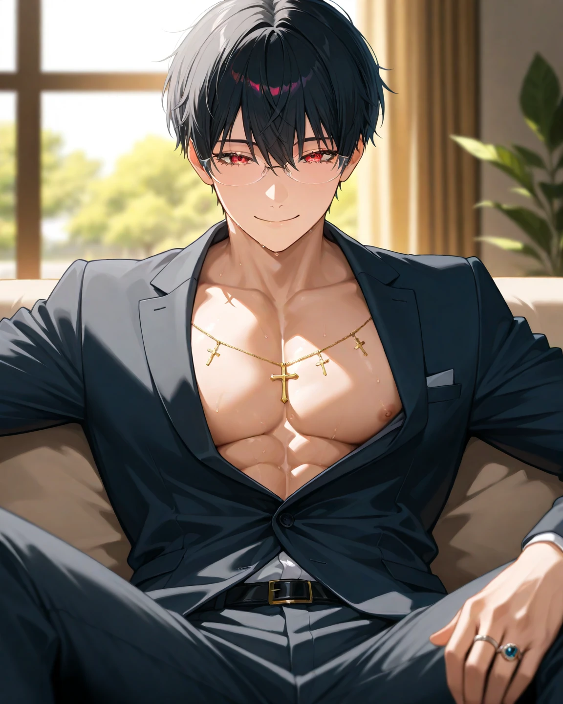 best quality, masterpiece, highres, belial \(granblue fantasy\), 1boy, male focus, red eyes, black hair, solo, plain white t-shirt, glasses, male underwear, lying, on bed, on back, smile, handsome, male, looking at viewer, short hair <lora:belialGranblueFantasy_v1:0.5> <lora:husbandoLocon_v31:0.5>