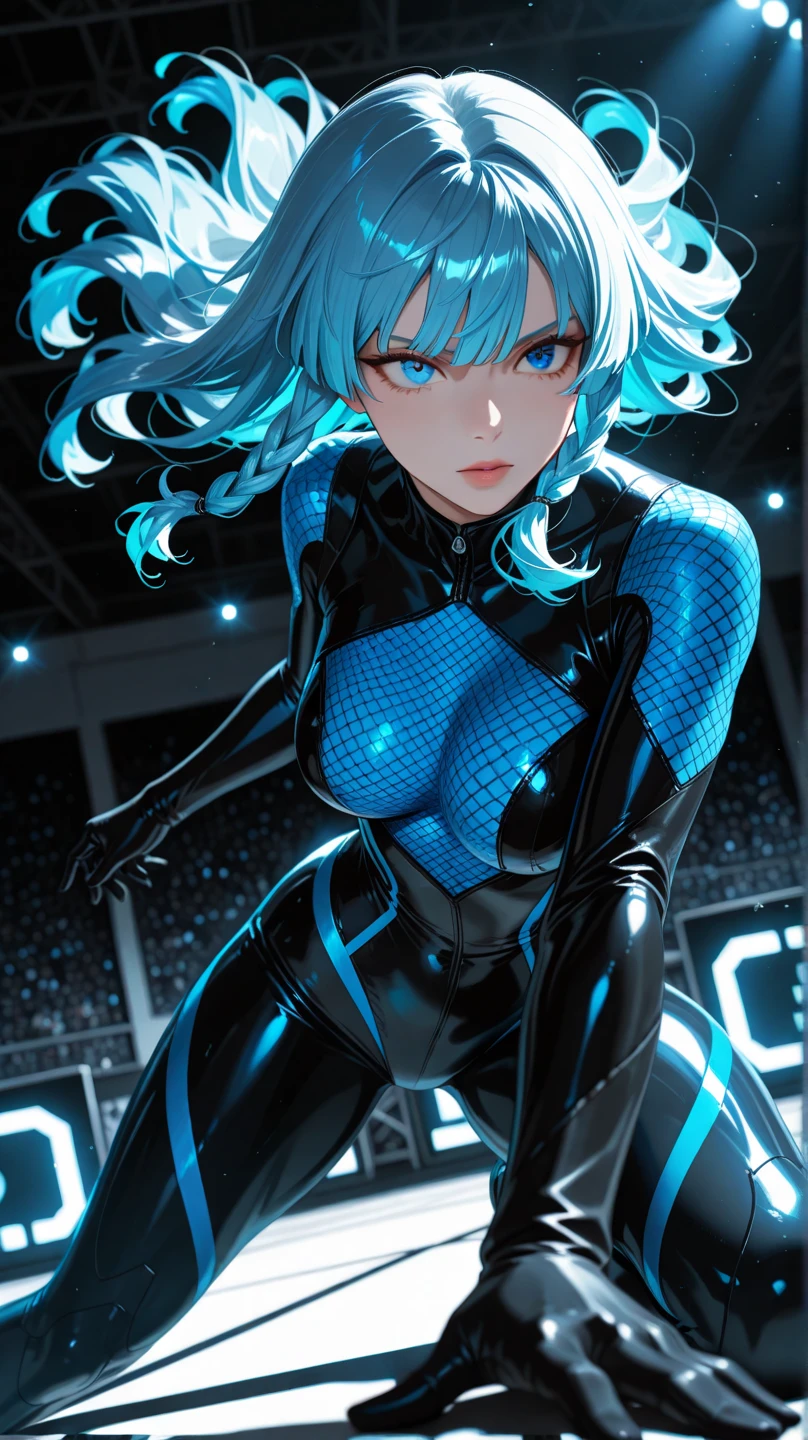 Nejirehadu, Nejire Wave, blue eyes, Blue Hair, Long Hair,
break blue Bodysuits, Bodysuits, Drill Hair, gloves, green Bodysuits, multicolored Bodysuits, Colorful clothes, yellow gloves,
break looking at viewer, whole body,
break indoors, classroom,
break (Tabletop:1.2), Highest quality, High resolution, unity 8k wallpaper, (shape:0.8), (Beautiful and detailed:1.6), Highly detailed face, Perfect Sentence, Detailed CG, (Perfect hands, Perfect Anatomy),