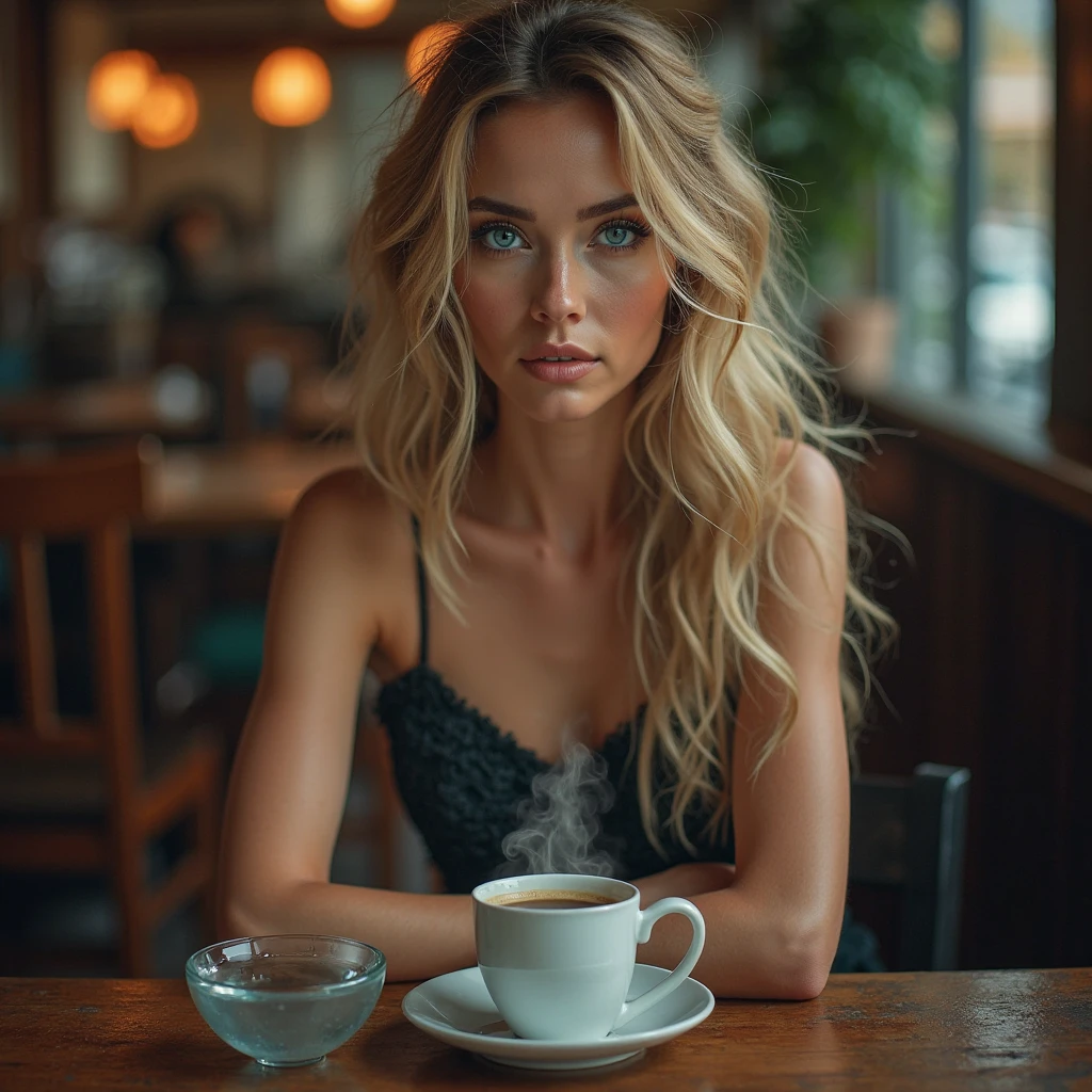arafed woman fully , sexy girl with blue eyes, ultra realistic, meticulously detailed, portrait sophie mudd, blonde hair and large eyes, selfie of a young woman, violet myers, without makeup, natural makeup, looking directly at the camera, face with artgram, subtle makeup, stunning full body,sitting in a cafe and drinking coffee, low-cut dress