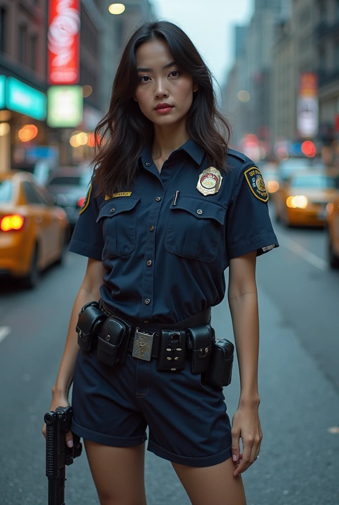 8k, ultra hd, masterpiece, 1 girl, (innocent face:1.2), very long hair, detailed eyes, (police outfit:1.4), red opolice hat, utfit, o in the battlefield, (bloom:1.5), perfect body image,