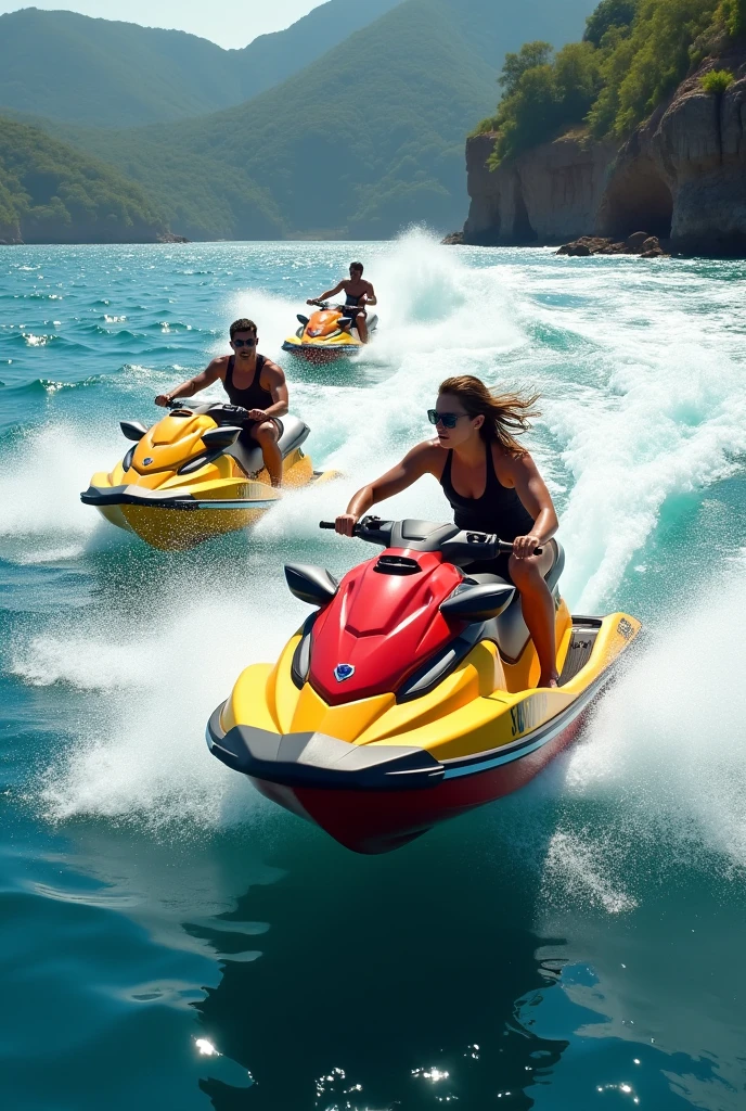 2 women sharing a jet ski, on the water, big breasts, one woman with long straight brown hair