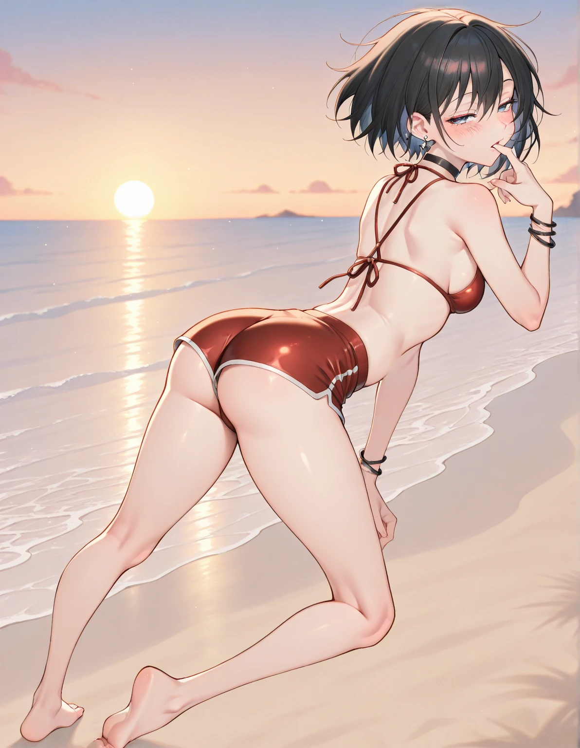 Half black cat girl, short hair, sleeping, wearing cute black underwear. Small to medium breasts, skinny, lying in a bikini on the rooftop, drooling.