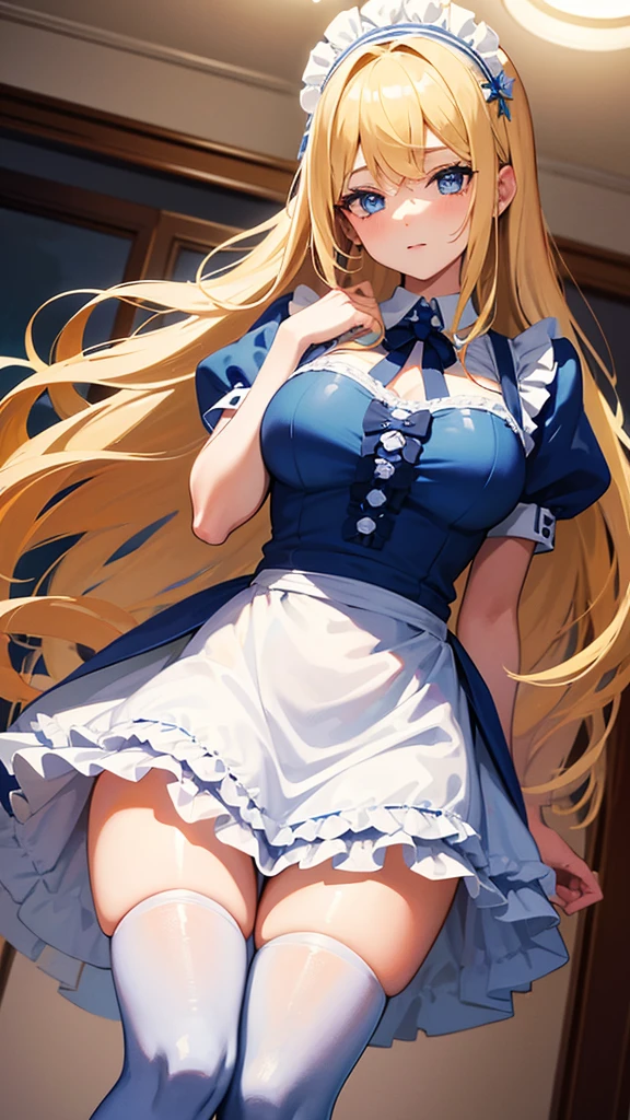 ((32k)), ((best quality)), ((ultra high res)), ((HDR)), ((UHD)), ((extremely detailed CG)), ((unity 32k wallpaper)), (((cute anime style))), (((16 years old))), (ideal ratio body proportions), very long hair, (blush), (((heart shaped eyes))), (((heart shaped pupils))), bangs, thighhighs, bow, jewelry, (((medium breasts))), (((cleavage))), (((curvy))), (((mini maid uniform))), (((mini skirt))), (((golden hair))), (blue eyes), short sleeves, earrings, frills, white thighhighs, bowtie, cup, puffy short sleeves, wrist cuffs, thigh strap, detached collar, side-tie bikini bottom, thigh gap, table, single thighhigh, (((bedroom))), (((standing))), (((upper body))), from front,