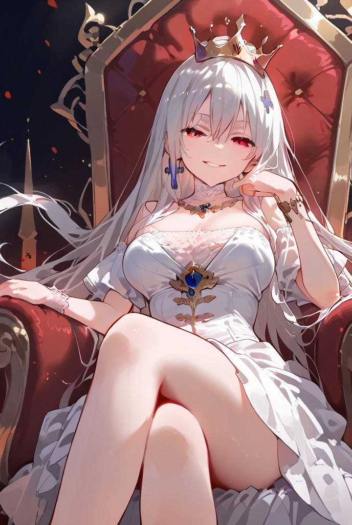 woman, adult, sexy body, long white hair, sitting on a throne, blood on the floor, 4k, beautiful, white dress, heavenly, Queen