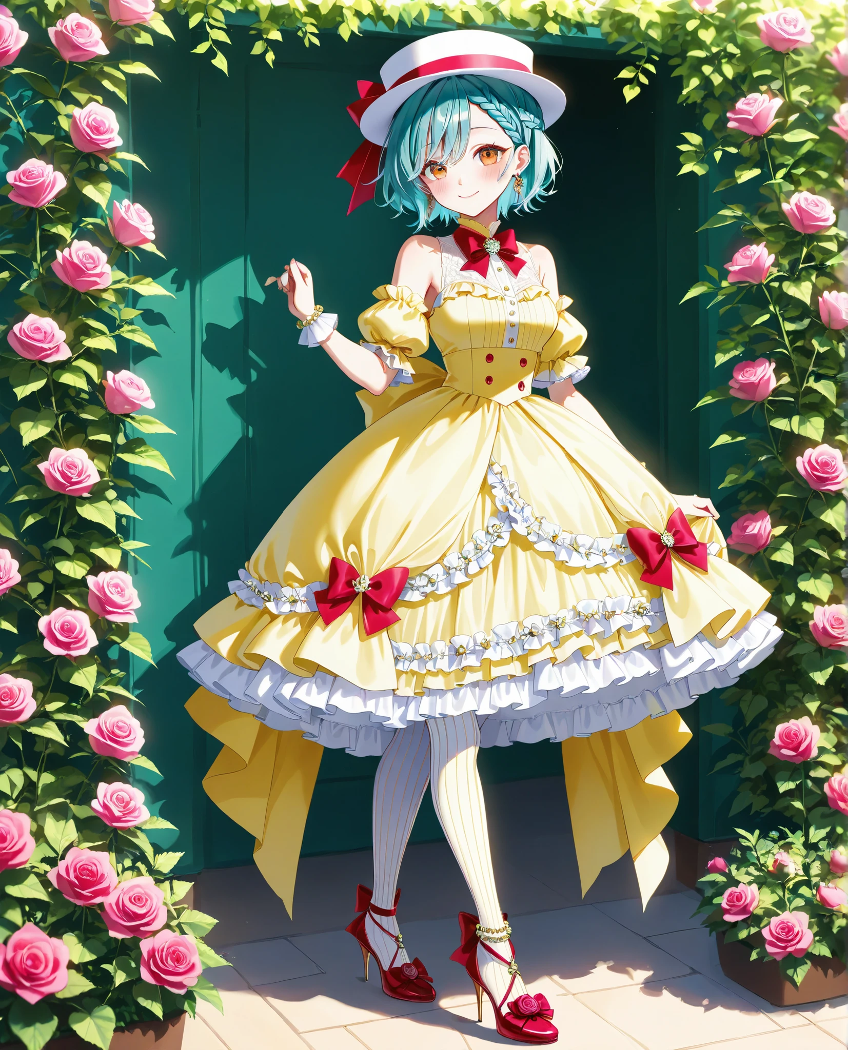 outdoor, (garden), scenery lush, roses, flowers, peonies, garter_straps, 1girl, (solo), aqua hair, short hair, braided bangs hairstyle, orange_eyes, golden_eyeshadow, large_breasts, earrings, bare_shoulders beads bow buttons closed_mouth elegant_hat detached_sleeves dress_bow flower footwear_bow frilled_anklet frilled_dress frilled_headwear frilled_sleeves frills happy hat hat_bow hat_flower (high-low_dress) high_heels jewelry lace-trimmed_thighhighs lace_trim leaf light_blush looking_back neck_ruff pink_flower pink_rose puffy_short_sleeves puffy_sleeves red_bow red_heels ribbed_thighhighs rose short_sleeves simple_background sleeveless sleeveless_dress smile standing stiletto_heels striped_clothes thighhighs vertical-striped_clothes vertical-striped_thighhighs white_hat white_thighhighs yellow_dress yellow_sleeves