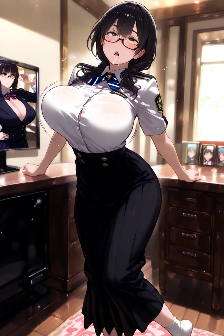 masterpiece, best quality, illustration, Super detailed, fine details, High resolution, 8K,wall paper, perfect dynamic composition,(Details High quality, realistic depiction of eyes:1.3), from side, High School Classroom、High school girl uniform、blazer 、Super Short Check Uniform Skirt、Navy blue high socks、garterbelts、Colossal 、Disturbed uniform, straight hair, black hair color, huge breasts, Big Natural Color Lip, bold sexy pose, (perfect body shape), crying a little、Harajuku style、20 year old girl、 beautiful legs, hposing Gravure Idol, Voluptuous thighs