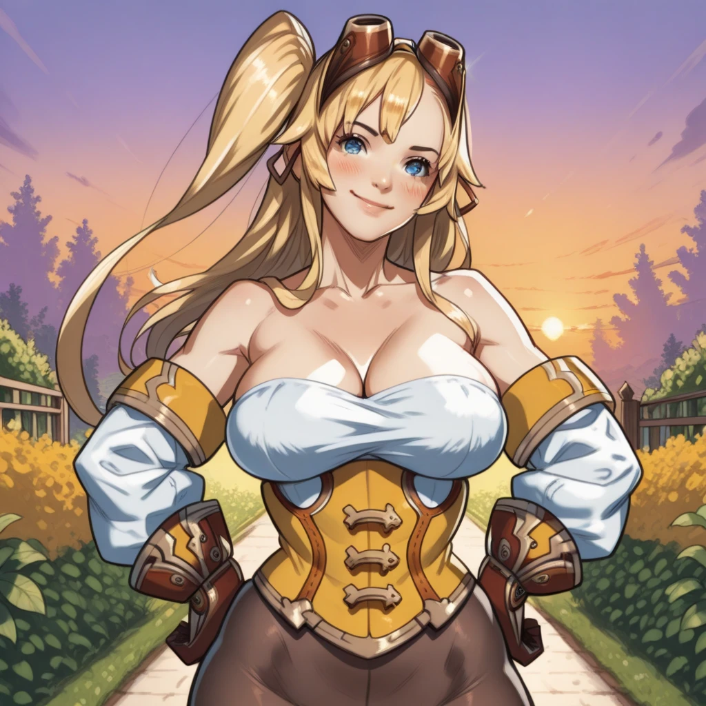 "(masterpiece:1.1), best quality,
1girl, (80s anime style:1.4), (eyelashes:1.5),
(intricate high detailed body:1.2),
yellow hair,
(forehead, hair slicked back:1.2), (twin braids:1.1), (demon horns:1.2),
purple eyes, (red lip stick, eye shadow:1.1),
(tan skin:1.3), (loli body:1.2), (gigantic breasts:1.3),
happy, smile, open mouth,
(string leotard armor, criss-cross halter:1.2),
(knight armor, armored boots:1.2), (ribbon:1.1), (jewelry:1.1), crystal necklace,
standing, crossed arms,
(upper body:1.1),
(grassland, outdoors:1.2)"