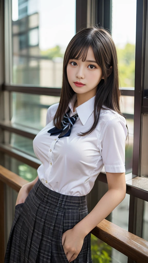 (masterpiece:1.2), Japanese, (16 years old), (a girl), (Collared shirt), (skirt), Thighs, (bow tie), tits, short sleeves, on a bed,