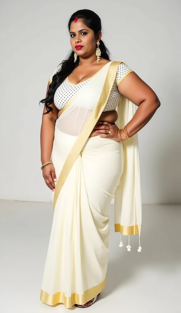 Day scene, A radiant, full-figured South Indian 3 aunty a off white colour chiffon fully transparent kurta, and leggings, ,standing, in a office captured in a full-body image with vibrant hues and meticulous details. Full body image