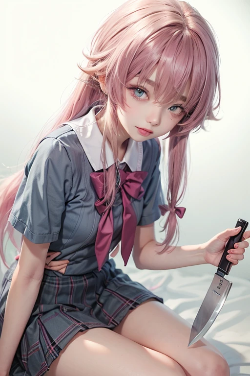 full body, (cum in pussy:1.2),((masterpiece, best quality)),a girl, solo, hat, blush,long hair, skirt, beret, sitting, bangs, socks, wariza, pink hair, light blue eyes, black headwear,holding,rifle,weapon, looking at viewer, white sailor collar, school uniform, closed mouth, hat, sailor collar, holding weapon, long sleeves, pleated skirt, white socks,indoors,industrial