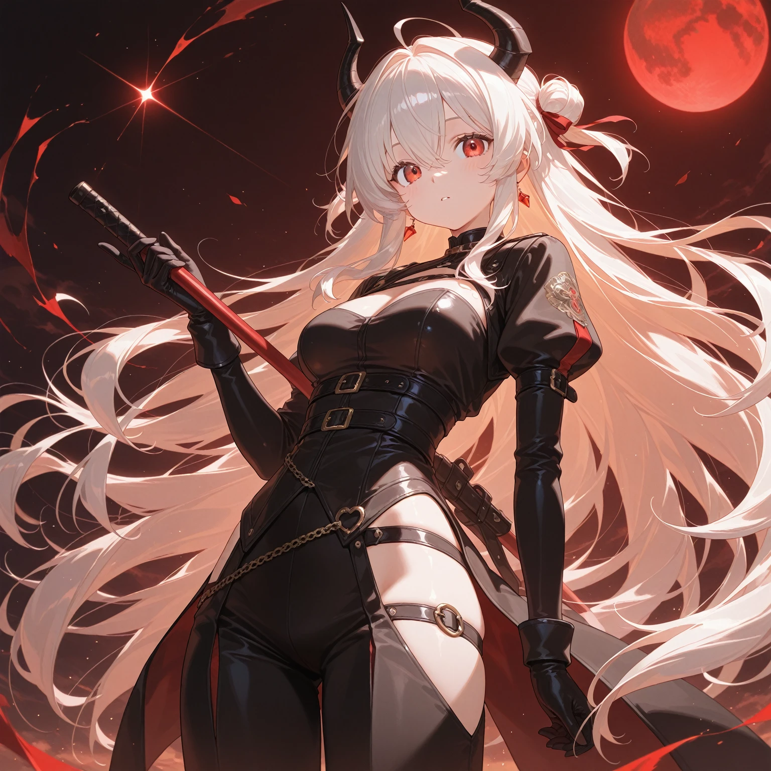 1 Girl, Elf, black dress, red stockings, red eyes, white hair with bow, with a huge scythe, against the backdrop of the red moon, night, looking at viewer, 8k, masterpiece, high res, ultrasharp,
