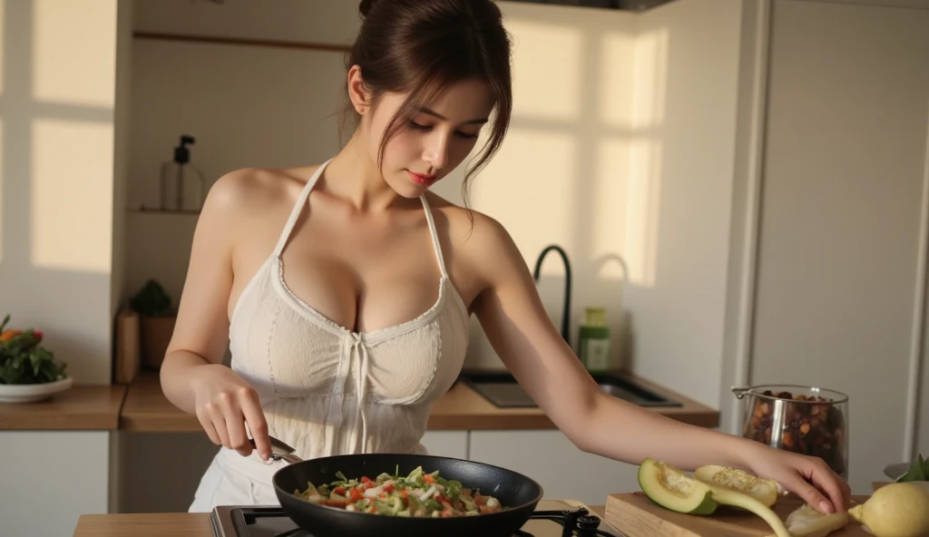 Kalina, Food live streamer cooking, 8k raw photo, see through bangs, side , (huge tis1:3, bulging out, plump), sexy, double eyelids, kitchen fulll with kitchenware, nude