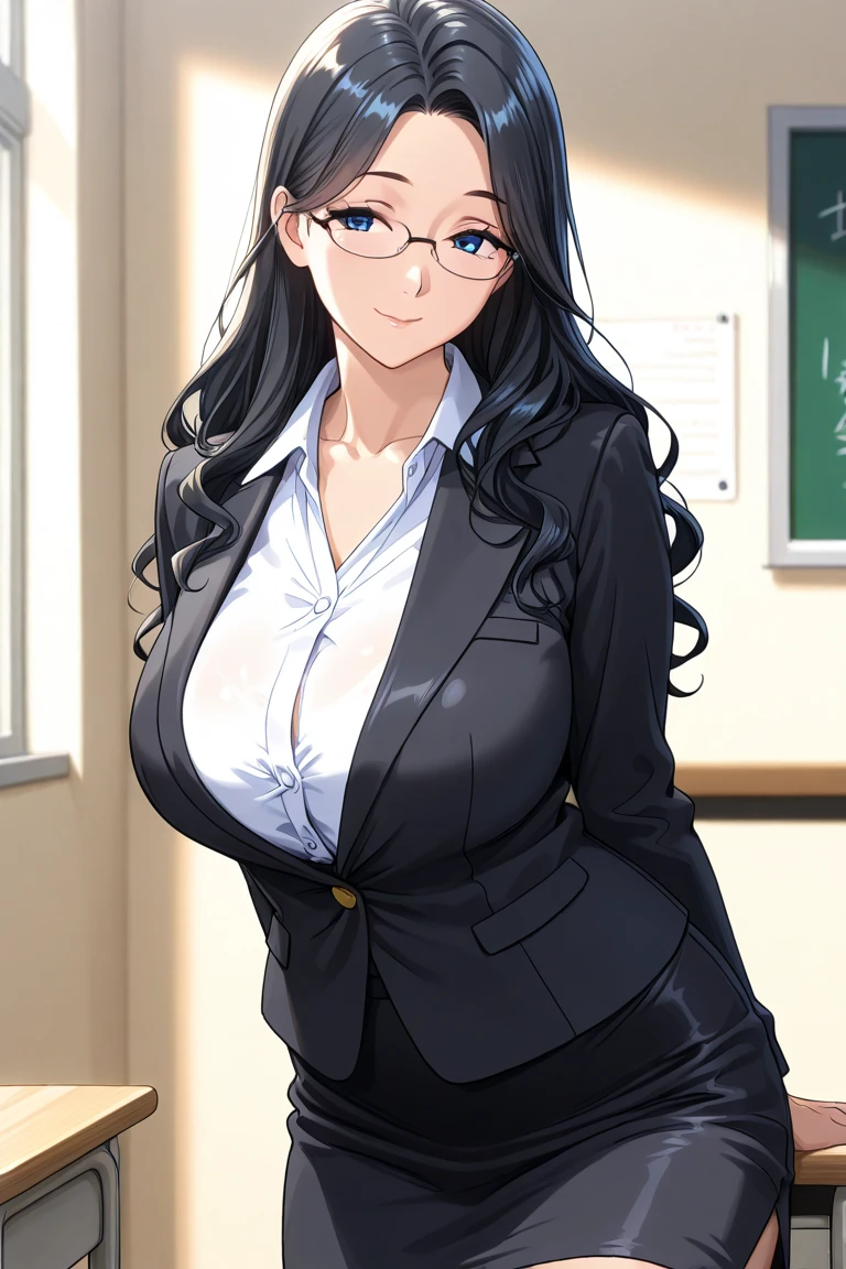 anime cels style, best quality, high resolution,1girl, minakatahizuru, (black hair:1.1), (purple eyes:0.7), (black-framed eyewear:1.3), (huge breasts:1.2), cleavage, black jacket, black suit