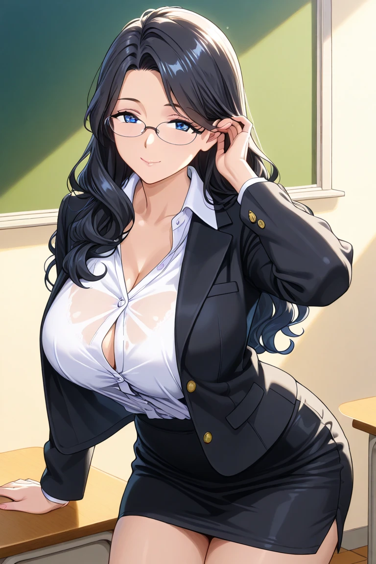 ((1girl)),((solo)), (large breasts:1.5),(shiny blue shirt),cleavage,glasses,collared shirt,mini skirt,(shiny mini skirt),looking at viewer,(sensitive smile:1.2),collarbone,office lady,officeroom,desk,((best quality)),((masterpiece)),(beautiful detailed eyes:1.5),8k UHD,extremely detailed face,perfect image,arms behind back,perfect anatomy,milf,sexy mature women,30-yearls old,slim waist,(black hair),(shiny hair),