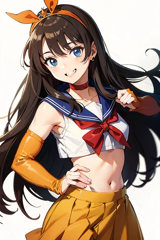 masterpiece, high definition, best quality, rendered art, well formed hands, fingers and body, 1 woman, solo, Haruhi Suzumiya, hair ribbon, adult, grown up, wearing Sailor Moon's outfit, big breasted, cleavage, full body, sexy sailor senshi uniform, short blue skirt, red boots, gorgeous hips, legs and thighs, white elbow gloves, sailor collar, tiara, earrings,fighting in a combat match, showing her fighting skills, making her guard, about to hit the viewer, looking at the viewer, sweating, bouncing breasts, smiling joyfully and brightly, being confident and proud, action and fighting scene, martial arts arena with beach environment
