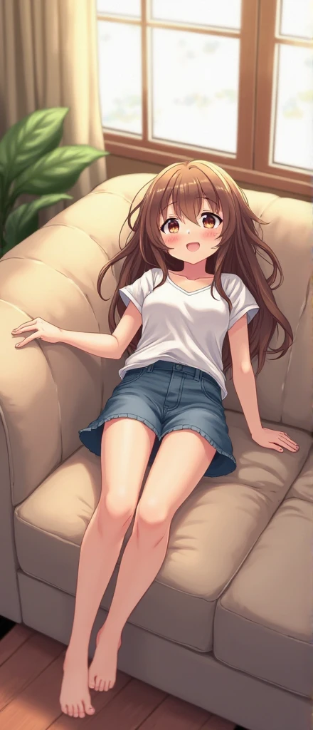 masterpiece, Highest quality, Very detailed), Portrait of an 18 year old woman with light brown hair, Green round eyes, Beige blouse and blue jeans、Smiling Blue Shorts、Reading the Brown Book - Auto Ultrarealistic -  