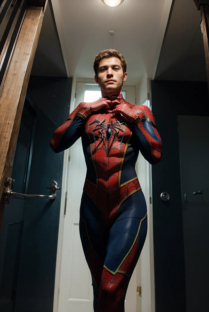 Tom holland, portant un costume de spider-man, mais son sexe de 22 centimetres ressort. Il le tient dans sa main en rigolant. Ses couilles apparaissent aussi, legerement poilues.