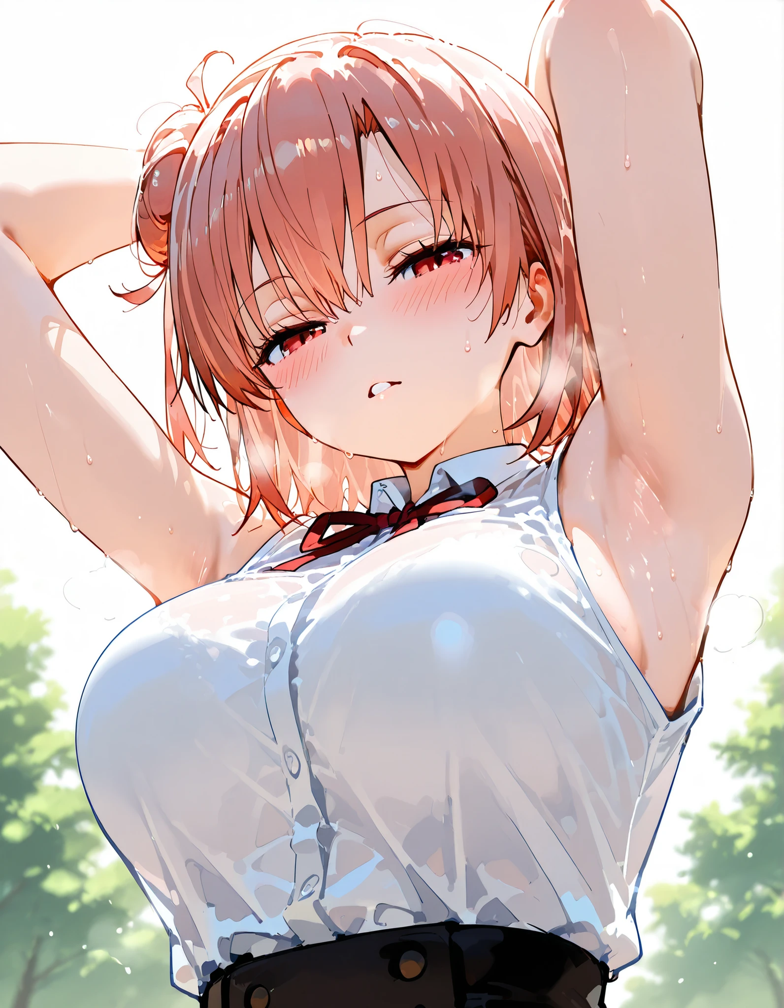 ((highest quality, High resolution,  perfect pixel, written boundary depth, 4k)), 1 girl,  beautiful anime girl, 
close, looking at the viewer, 
perfect body, 

yuigahama yui, huge breast, single hair bun, short hair, 

(white shirt:1.2), 
(blush:1.2), An ennui look, 

(from below, close shot), focus breast, cloud, 