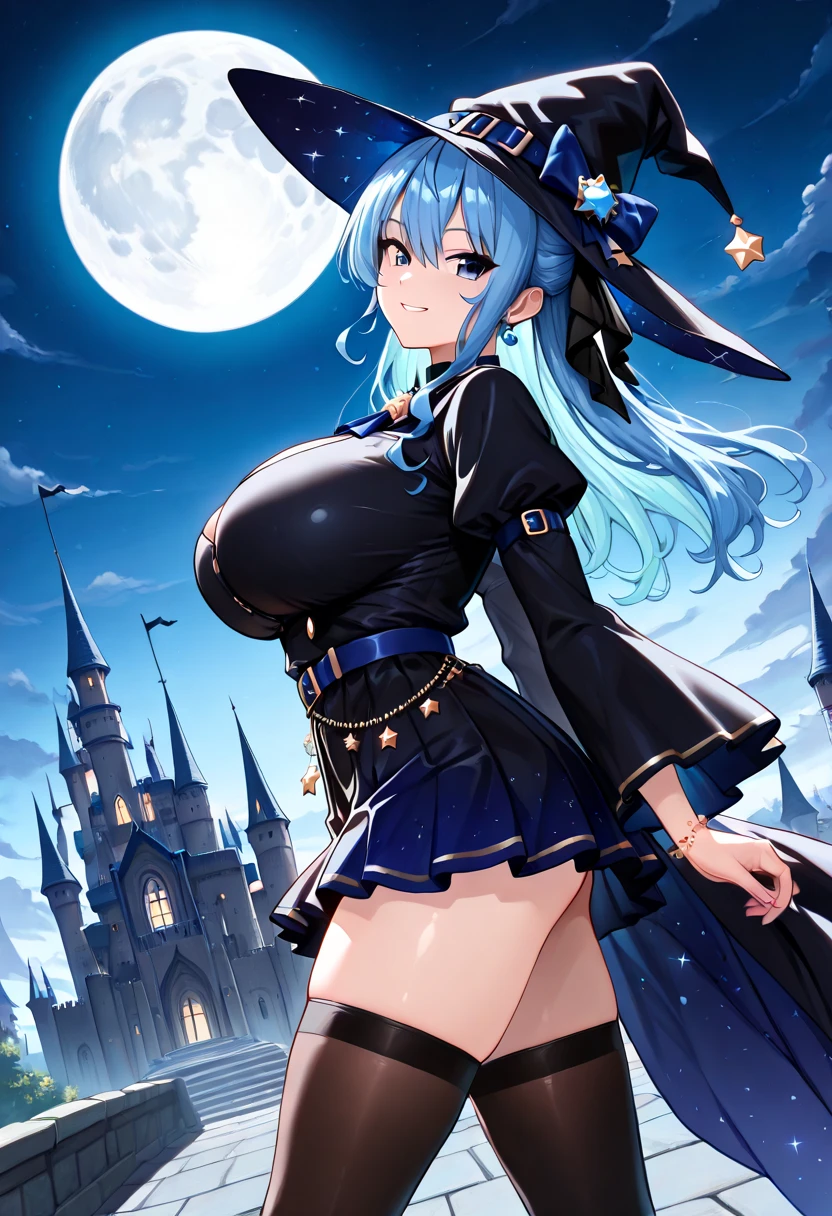 A smiling girl in an illuminated open-air bath on the roof at night、Woman wearing a large black witch hat with sapphire accessories、Wearing a ribbon around his arm、Completely naked、nude