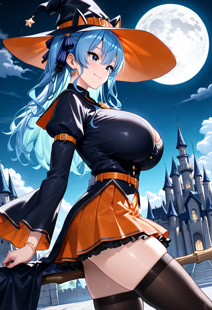 Kousaka honoka, cowboy shot, sexy pose,(big breasts:1.4),blue eyes, orange hair, cape,witch necklace, strapless leotard, bracelet, sexy,curvy body, Blush, energetic smile, standing,crouching,in air, falling down, flying water drops,hair ornament, detailed hair strands,dark sky with stars and fireworks
