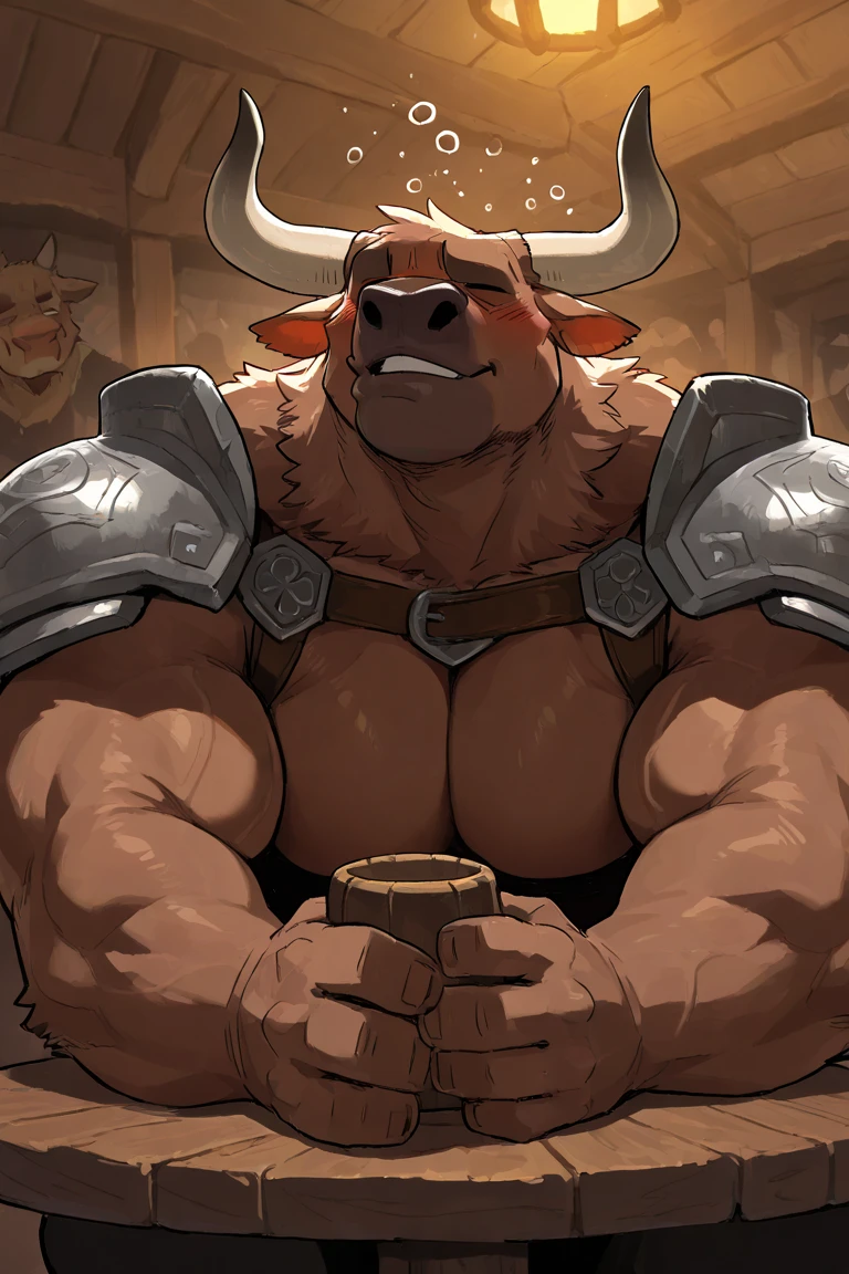 (((((Charr))))) (guildwars), big horns, ((loincloth)), ((((armor)))), (((exposing chest))), hatless, (((showing pecs))), (((((open chest))))), manly, virile, male, solo, adult, nipple focus, nipples, detailed muscles, (big bodybuilder body), (big muscular male), (detailed muscular oblique), (muscular v-cut), (wide muscular shoulder), (detailed muscular butt), (detailed muscular thighs), (detailed muscular abs), ((((huge muscular pecs)))), (big muscular biceps), detailed face, beautiful eyes, closed mouth, (happy face), sitting in stool, bar counter behind, tavern background, looking at viewer, by bruteandbrawn, by personalami, by kenket, (intricate, high detail, film photography, soft focus, RAW candid cinema, photorealism, realistic, photorealistic, analog style, subsurface scattering, masterpiece, best quality, ultra realistic, 8k)