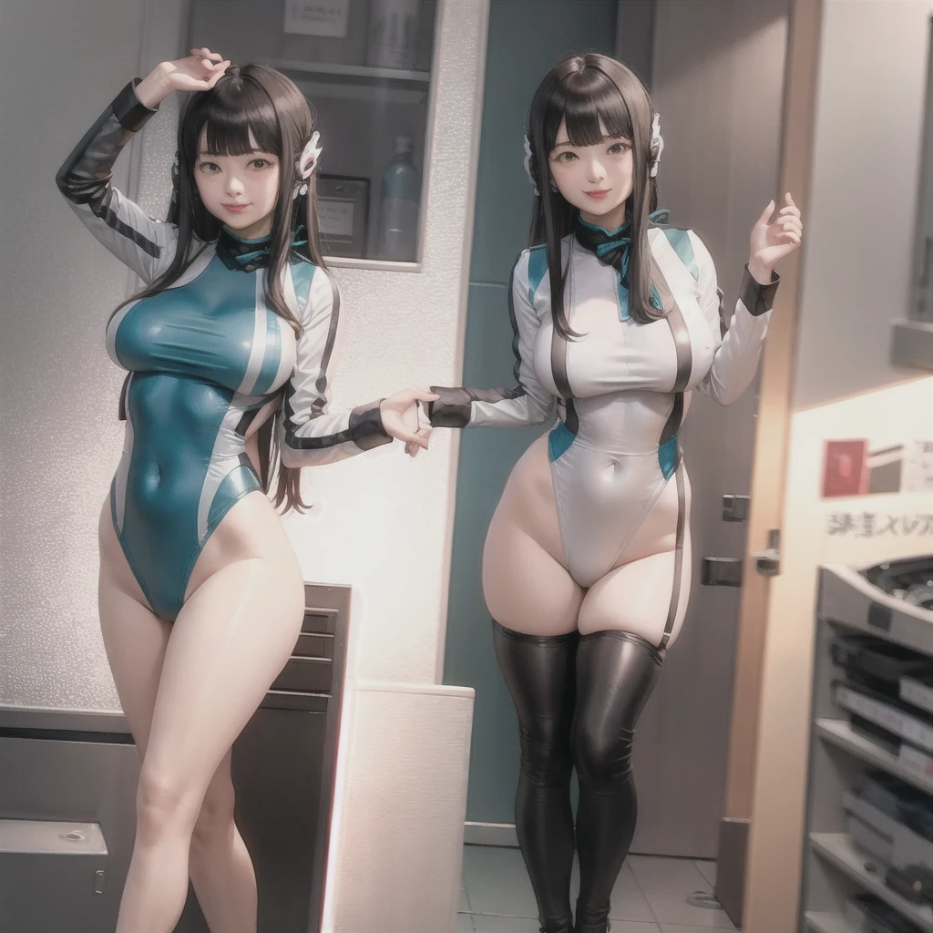 a japanese girl、23years old、(((Standing Pose、Full body like、posterior view)))、Small, well-shaped bust、((Sci-fi details and worldview))、(((White cybernetic suit with leathery sheen、choker necklace、Non-lumpy arm cover protector、Long White Leather Boots、Details inspired by bondage fashion)))、((Exposure of the abdomen and thighs)）、short hair of beautiful dark chestnut color,,,、 Detailed skin texture、Detailed Cloth Texture、 beautifull detailed face,、Looking at the camera、二重まぶた、Shining eyes、A slight smil、perfect buttocks、Intricate details、ultra-detailliert、 soft light rays、Cinematic lighting、radiant eyes、shinny skin、realisitic、The perfect female figure、Constricted waist、enchanting posture、sexy  pose、extremely delicate and beautiful、best qualtiy、a beautiful detailed girl、Beautiful fine eyes、Facial Lights、Soft light、Dark background、realistic representation of face、（top-quality、Nikon RAW Photos、8 K、Kodachrome、​masterpiece、超A high resolution）