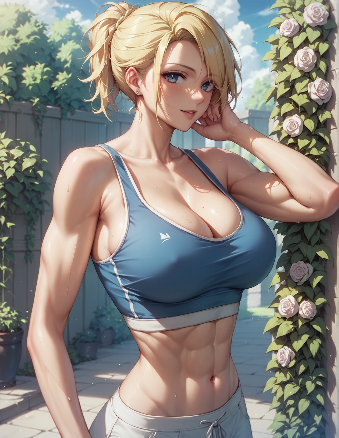 1 anime girl, solo, anatomically correct, supermodel, beautiful girl, blonde hair, short hair, curly hair, intense curls, very short hair, beautiful blue eyes, highly detailed face illustration, medium sized breasts, hourglass figure, juicy thighs, wearing sports bra, cleavage, sexy sport shorts, very short shorts, sexy pose, 8k, best quality