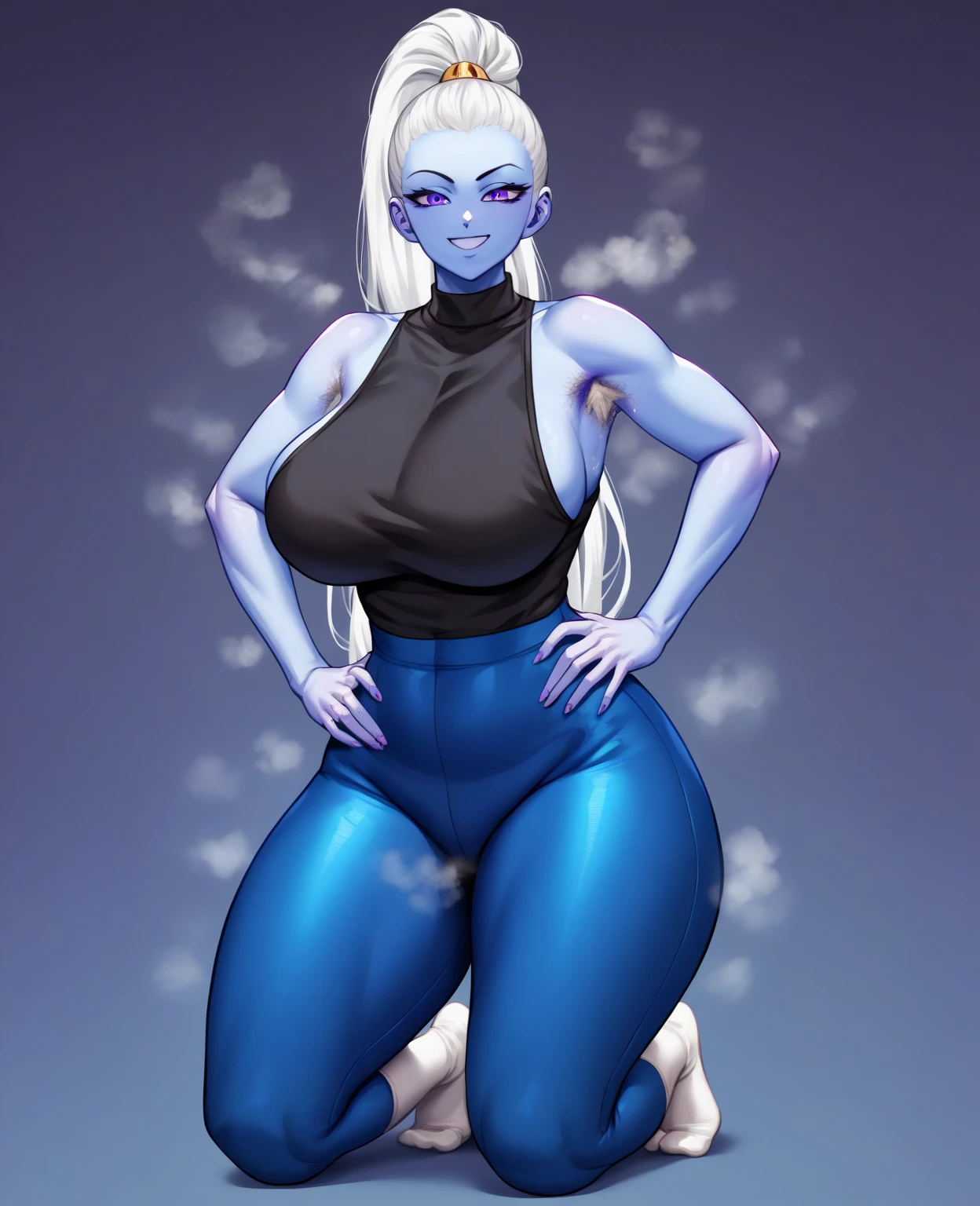 ((WHITE BACKGROUND)) standing straight symmetrical, full body, looking to the viewer, (look front:1.15), (thrust out hip:1.35), Full body, masterpiece, female drow elf purple skin STANDING pose SYMMETRICAL, YELLLOW TIGER bikini, long white SILVER hair, strong body, abs, high heels, slave female with choker, blindfolded, shackles on legs and arms, 1girl, pointed ears, skin covered