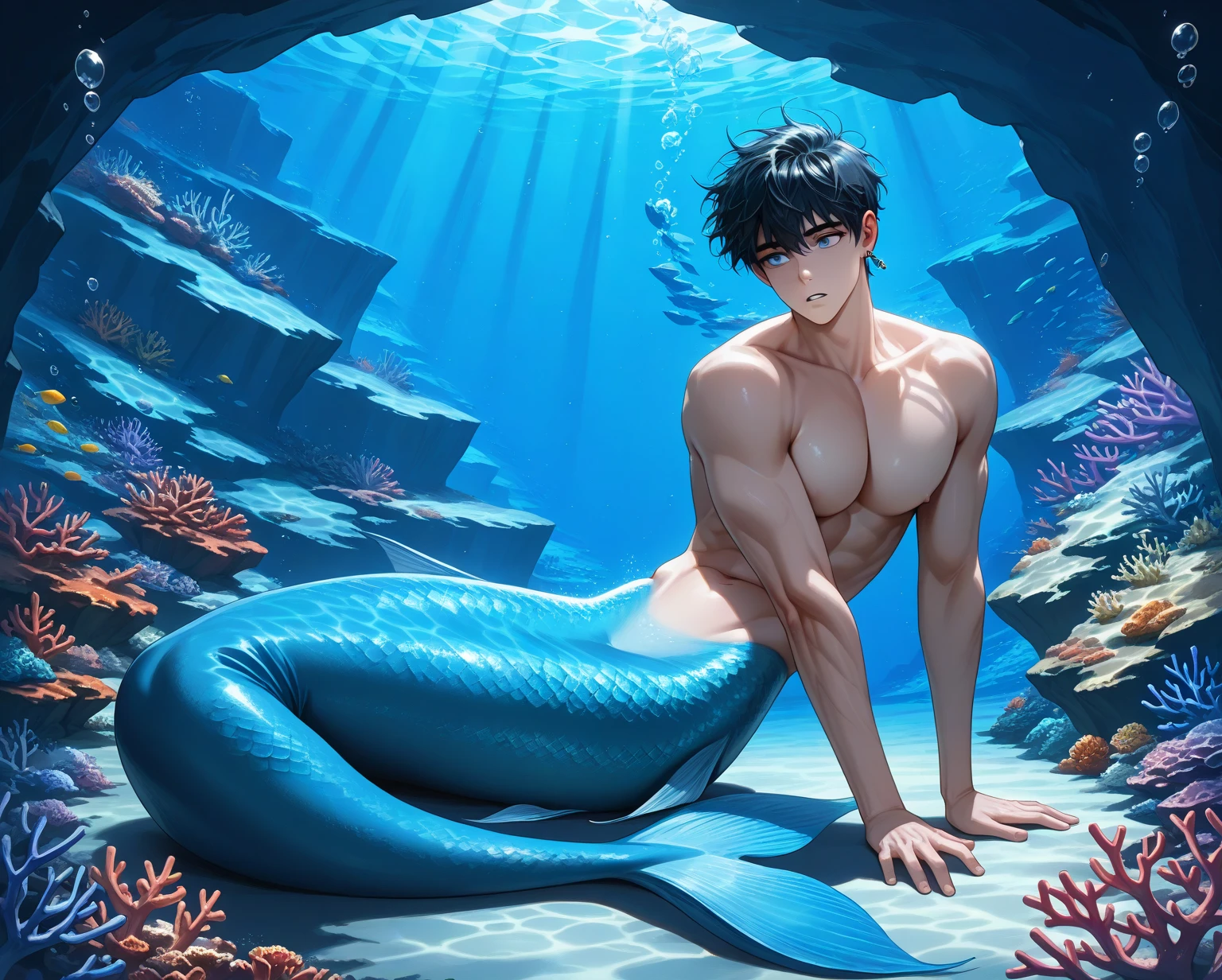 Full body image, mermaid tail, Boy 18 years old, big muscles, shirtless, short hair, sexy, tired face. Sexy poses under the sea, armpit hair