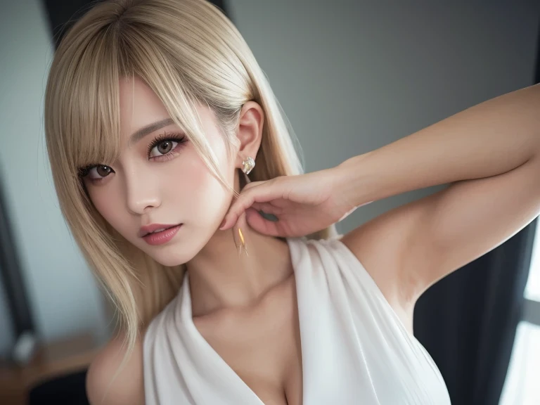 (Highest quality、4K、8k、High resolution、masterpiece:1.2)、Very detailed、(Genuine、Realistic、Realistic:1.3)、ear piercing、Belly button piercing、Japanese Gal、blonde、Gal Makeup、((open shirt))、Gal Fashion、Gold bracelet、Gold Necklace、Flashy Nails